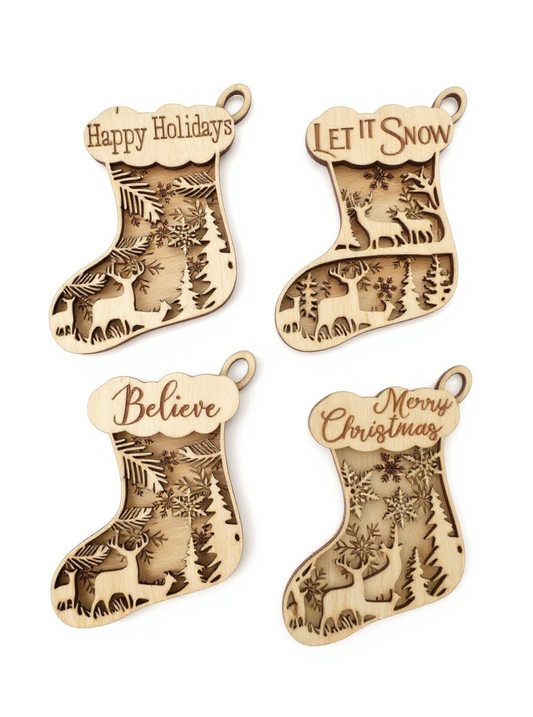 Set of 4 | Christmas Stocking Wood Ornaments