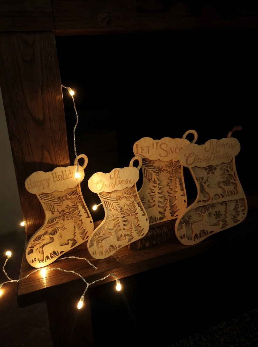 Set of 4 | Christmas Stocking Wood Ornaments