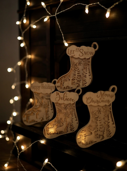 Set of 4 | Christmas Stocking Wood Ornaments