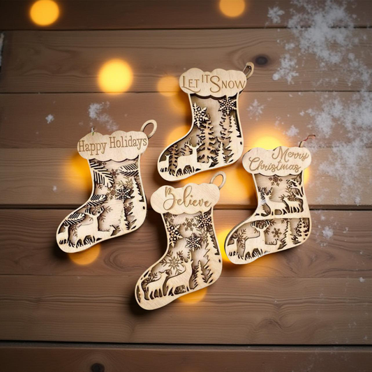 Set of 4 | Christmas Stocking Wood Ornaments